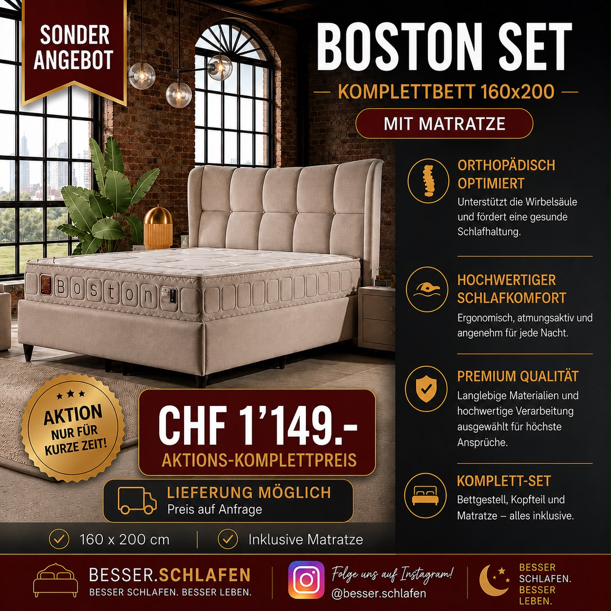 Boston Set – Komplettbett mit Matratze 160 × 200 cm