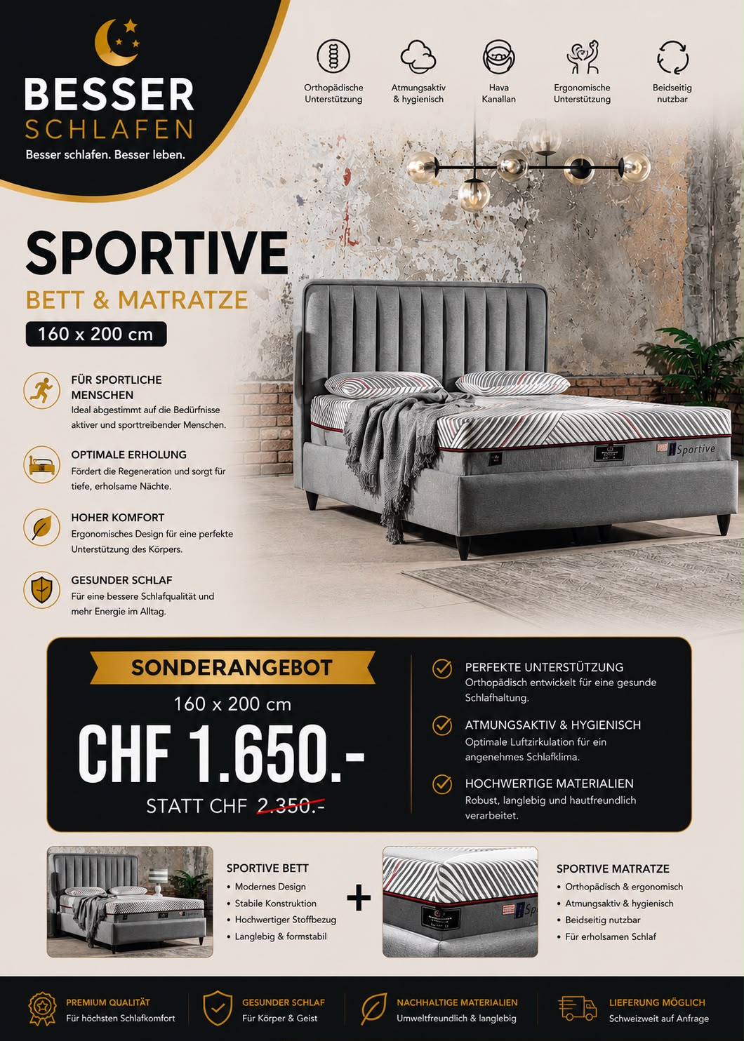 SPORTIVE Bett & Matratze – modernes Komplettset