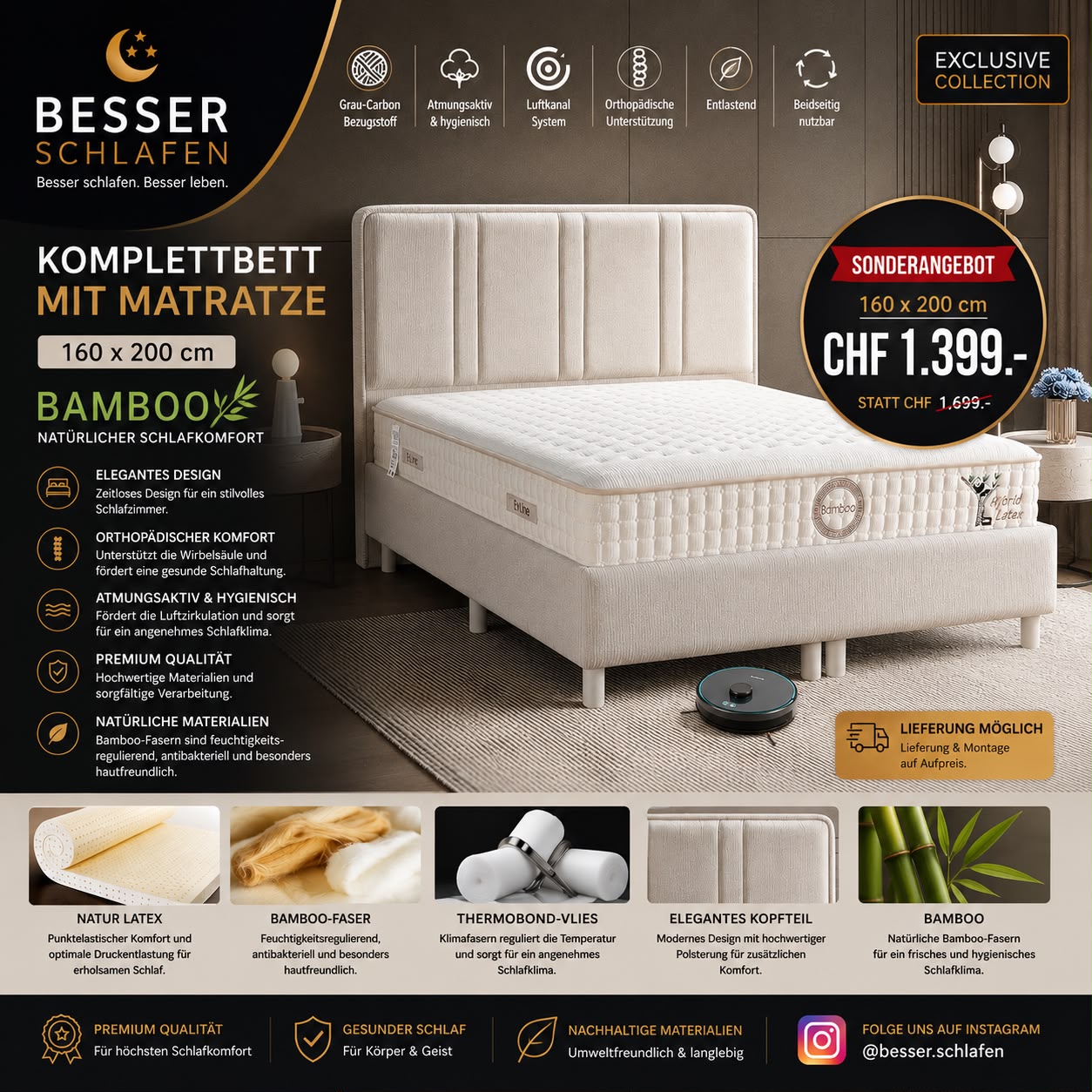 Bamboo Komplettbett mit Matratze